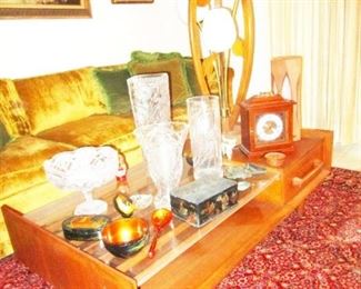 Teak Coffee Table with glass top shadow box and drawers.  Cut Crystal Compote and Vases & lacquered boxes.