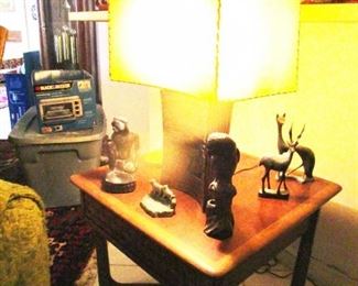 Mid Century Teak Lamp  or End Table .  Small bronzes and African wood carvings. Elegant mid century Lamp