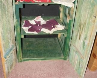barn wood cabinet, vintage baby clothes