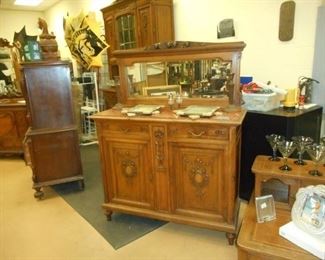 Antique Quartersewn Tiger Oak marble top sideboard