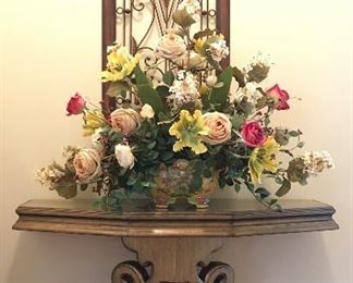 Iron wall art; floral arrangement in Asian vase/bowl; gilded pedestal table