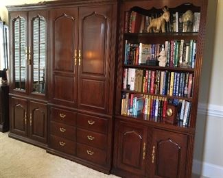 Thomasville Armoire with matching bookcases, one opened and one with glass front