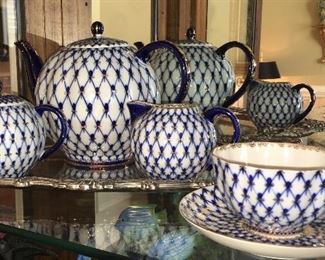 Vintage Lomonosov Russia cobalt net tea set