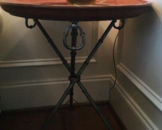Leather tray & iron tripod occasional table
