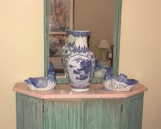Hand painted cabinet; Blue & White vase and bird figurines