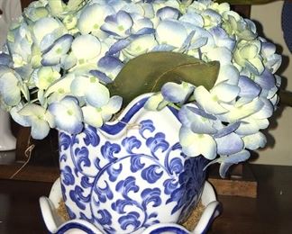 Blue & White pot of artificial hydrangeas