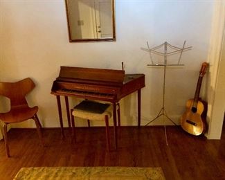 Mid-Century Modern chair, harpsichord, guitar, Aubusson rug