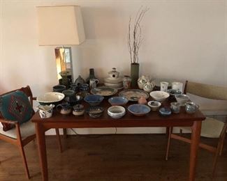 Teak draw-leaf table and chairs, Local pottery, MCM lamp