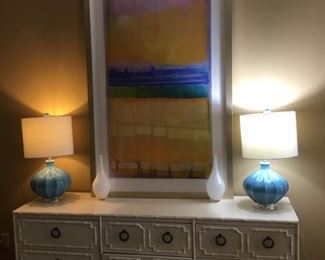 Blue lamps on bamboo style chest Hollywood Regency neeed à little tlc - blue porcelain lamp - Abstract purchase at studio in Fairhope. 