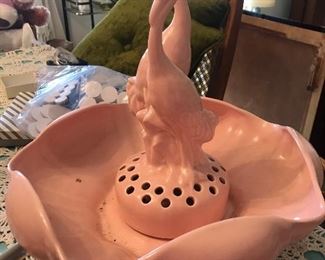 LOVE this old pottery centerpiece with crane frog!!