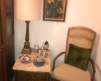 one of a pair of marble top french provincial occasional tables with regency mid-century lamp (1 of a pair)