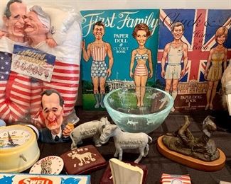 Political satire and collectibles. Dolls, puppets, ephemera, watches, banks, figurines, buttons and more.
