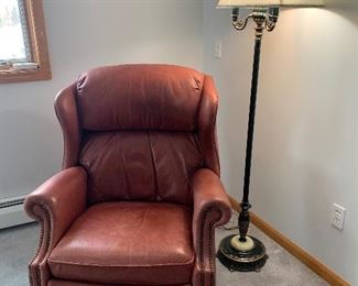 Leather Recliner & Antique Floor Lamp with Marble Base