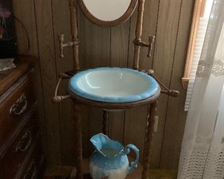 Oak wash basin and pitcher and bowl