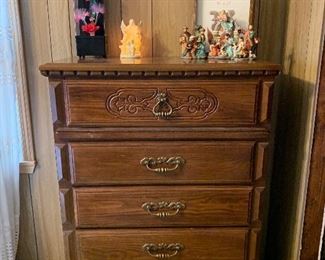 Five drawer chest, with matching dresser and mirror, two end tables, and queen size headboard.