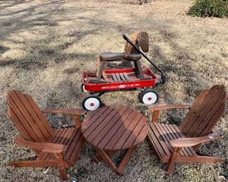 Child’s chairs and table, flexible flyer wagon, and Rockinghorse