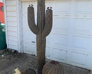 Desert steel 7 foot Saguaro two arm cactus, With saguaro flower  clusters, small and large barrel cactus. 