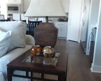 Sectional with chaise, end table and lamp, and rustic industrial style coffee table on castors!