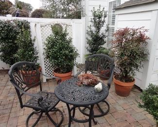 Vintage Style Outdoor cast iron patio furniture. Potted plants and accessories.