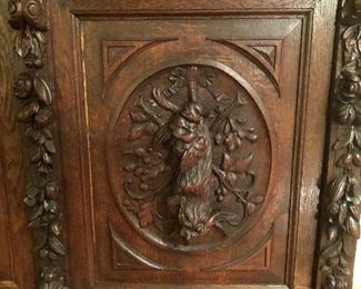 ANTIQUE GERMAN BLACK FOREST HAND CARVED FIGURAL OAK HUNT COURT TWO PIECE STEP BACK BOOKCASE