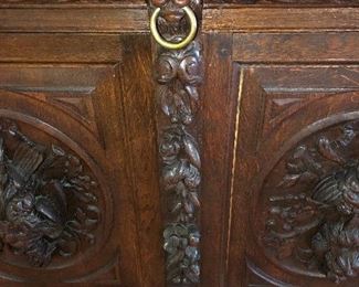 ANTIQUE GERMAN BLACK FOREST HAND CARVED FIGURAL OAK HUNT COURT TWO PIECE STEP BACK BOOKCASE