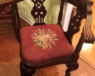ANTIQUE CARVED CORNER CHAIR w/NEEDPOINT SEAT