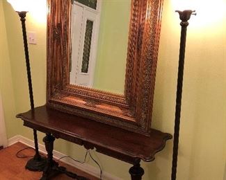 GOLD FRAMED BEVELED MIRROR, ANTIQUE LIBRARY TABLE, MATCHING PAIR FLOOR LAMPS