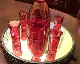 ANTIQUE SILVER PLATEAU, CRANBERRY ETCHED DECANTER SET