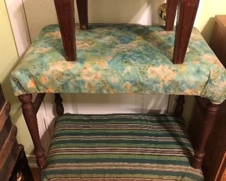 MAHOGANY FOOTSTOOL, BLUE/GREEN FLORAL BENCH, GREEN STRIPED BENCH