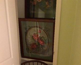 FRAMED ART, ANTIQUE CHAIR
