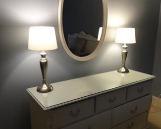 Stanley dresser with glass top. 55x18x32. Mirror 38" Lamps 23"