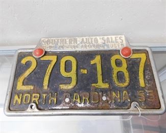 1955 N.C. License Plate with Southern Auto Sales Asheboro N.C. Frame