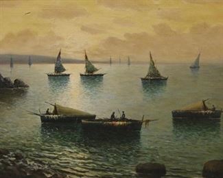 Painting signed Medina. Boats by a shoreline