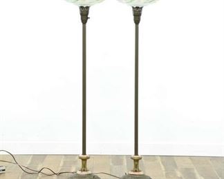 Pair Victorian Torchiere Lamp W Painted Glass Shade