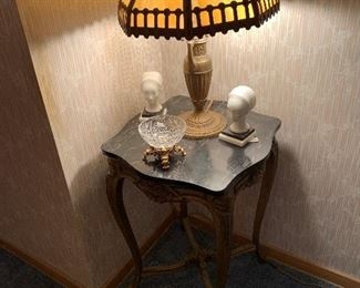 Marble Topped Side Table with Large Slag Glass Lamp