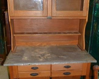 Unusual Antique Oak Possum Belly Hoosier Kitchen Cabinet