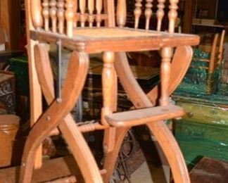 Antique Victorian Oak Child's Convertible High Chair / Stroller