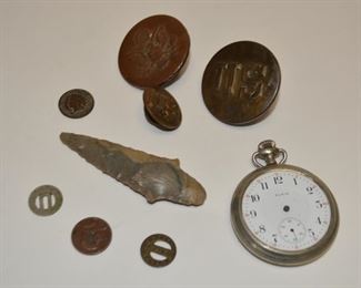 Pocket Watch, Arrowhead, Tokens, Military Buttons from Civil War