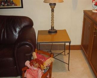 Child's rocker, doll, end table & lamp.