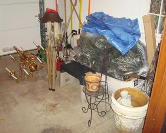 Garage items including planters, chandelier & etc.