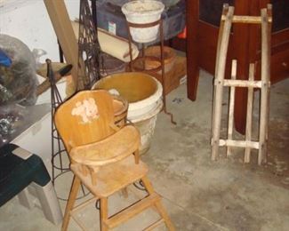 Antique high chair, sled and etc.