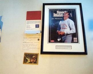 Joe Montana signed picture and fleer card with C.O.A.