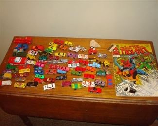 Matchbox, Hot wheels & other cars and Vintage Spider Man try out book.