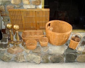 Longaberger baskets, antique brass andirons and printer's drawer.
