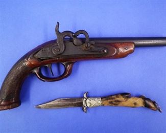 19th Century Percussion Black Powder Pistol, German Folding Knife