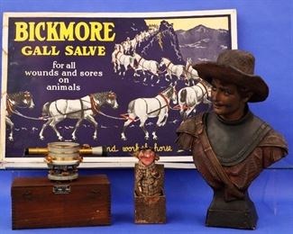 "Bickmore" Salve Cardboard Stand-up sign, Victorian Jack-in-the-Box, Terracotta Bust, Contractor's Level