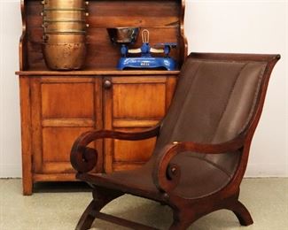 Teak Campeche Chair, Pine Cupboard, Copper Steamer, Scale