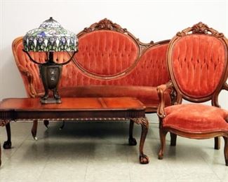 Victorian Walnut Settee & Chair, Mahogany Coffee Table, Modern Leaded Glass Lamp