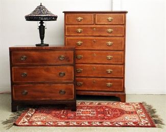 Henredon tall chest, Kittenger low chest, Shiraz Rug (3' x 5'), Leaded Lamp