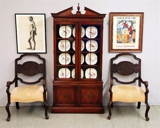 Pr. Early French Armchairs, Mahogany china cabinet, Limoges Bird plates, L. Vanden Bosch, charcoal study, "Galerie Des Champs-Elysees" Print